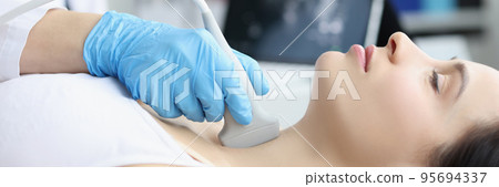 Ultrasound scanning diagnostic of woman thyroid gland in clinic, doctor runs ultrasound sensor 95694337
