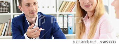 Office clerks discuss problematic company moments, conference room, biz meeting 95694343