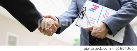 Partners shake hands, beneficial deal, successful agreement, biz partners perform friendly gesture 95694366