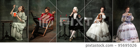 Set of images of actors and actress in image of medieval royalty persons from famous artworks in vintage clothes on dark background. Eras comparison concept Set of images of actors and actress in image of medieval royalty persons from famous artworks in vintage clothes on dark background. Eras comparison concept 95695026