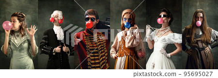 Set of images of actors and actress in image of medieval royalty persons from famous artworks in vintage clothes on dark background. Eras comparison concept Set of images of actors and actress in image of medieval royalty persons from famous artworks in vintage clothes on dark background. Eras comparison concept 95695027