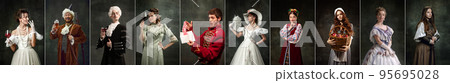 Set of images of actors and actress in image of medieval royalty persons from famous artworks in vintage clothes on dark background. Eras comparison concept Set of images of actors and actress in image of medieval royalty persons from famous artworks in vintage clothes on dark background. Eras comparison concept 95695028