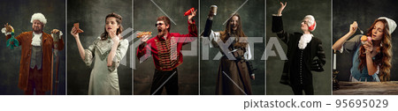 Fast food party. Collage with young people in image of medieval royalty persons from famous artworks in vintage clothes having fun on dark background. Eras comparison concept Fast food party. Collage with young people in image of medieval royalty persons from famous artworks in vintage clothes having fun on dark background. Eras comparison concept 95695029