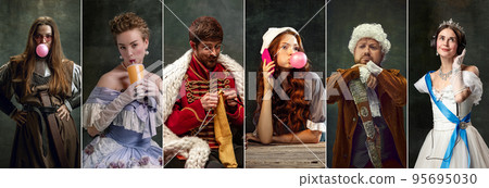 Set of images of actors and actress in image of medieval royalty persons from famous artworks in vintage clothes on dark background. Eras comparison concept Set of images of actors and actress in image of medieval royalty persons from famous artworks in vintage clothes on dark background. Eras comparison concept 95695030