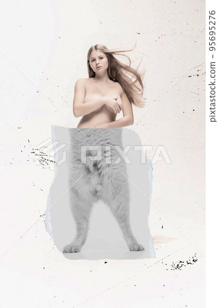 Creative design. Contemporary art collage. Beautiful young woman with cat's legs Creative design. Contemporary art collage. Beautiful young woman with cat's legs 95695276