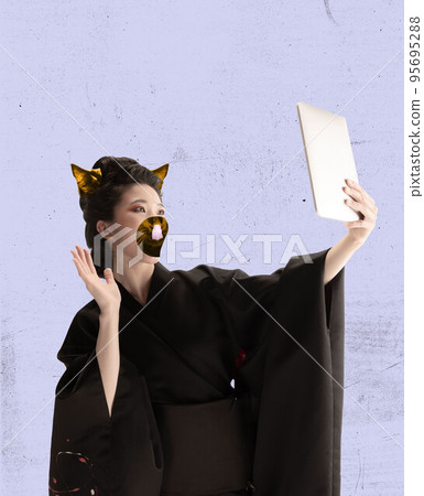 Contemporary art collage. Creative design. Beautiful young woman in image of geisha in kimono with cat's mouth and ears 95695288