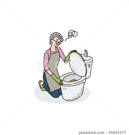A senior woman who is annoyed by a dirty toilet 95695377