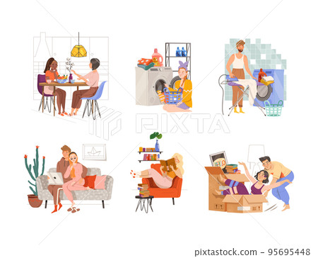 Everyday life routine scenes set. People meeting friends, doing laundry, ironing, reading book, having fun vector illustration 95695448