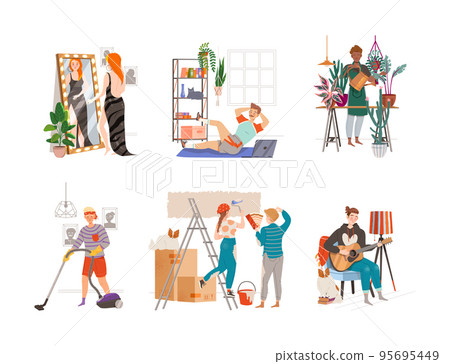 Everyday life routine scenes set. People doing sports, vacuuming floor, gardening, playing guitar, painting wall vector illustration 95695449