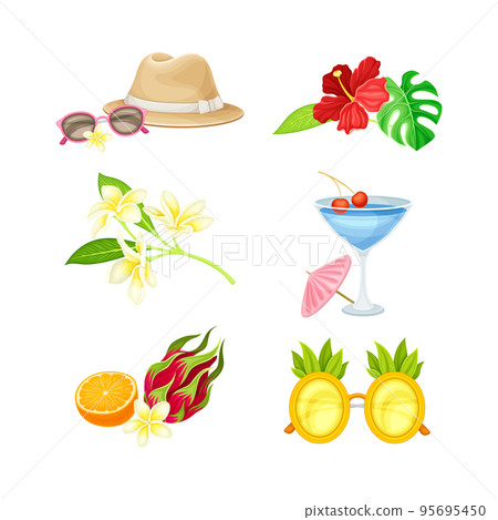 Summer beach party tropical set. Exotic flowers, tropical cocktail, pineapple glasses, hat and sunglasses vector illustration Summer beach party tropical set. Exotic flowers, tropical cocktail, pineapple glasses, hat and sunglasses vector illustration 95695450