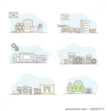 Professional photographer and videographer equipment set. Digital camera, camcorder, photography, videography tools vector illustration 95695471