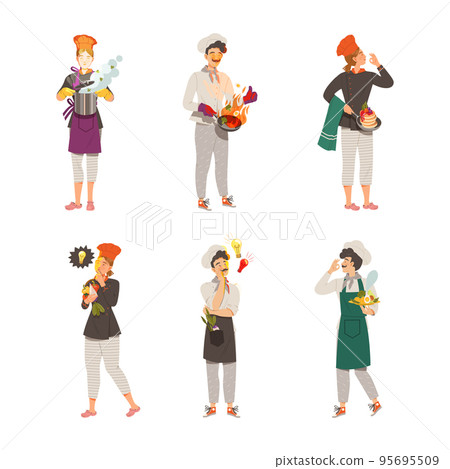 Chef masters set. Male and female super chef cooking tasty dishes cartoon vector illustration 95695509