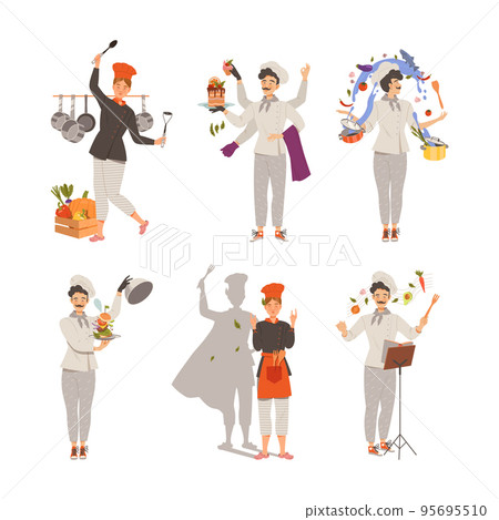 Chef masters set. Super chef cooking dishes of haute cuisine. Multitasking kitchen cook character in professional uniform cartoon vector illustration Chef masters set. Super chef cooking dishes of haute cuisine. Multitasking kitchen cook character in professional uniform cartoon vector illustration 95695510