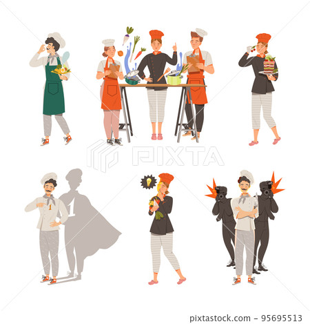Chef masters set. Super chef cooking dishes of haute cuisine cartoon vector illustration Chef masters set. Super chef cooking dishes of haute cuisine cartoon vector illustration 95695513