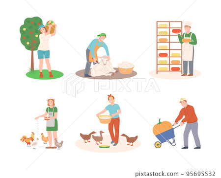 Farmers working on farm set. Agricultural workers picking apples, shearing sheep, producing cheese, feeding poultry, harvesting pumpkins cartoon vector illustration 95695532
