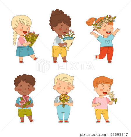 Cute children with bouquet of flowers set. Happy kids with bunches of flowers cartoon vector illustration Cute children with bouquet of flowers set. Happy kids with bunches of flowers cartoon vector illustration 95695547