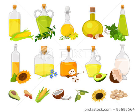 Natural Vegetable Oil Poured in Glass Corked Jars with Ingredients Big Vector Set Natural Vegetable Oil Poured in Glass Corked Jars with Ingredients Big Vector Set 95695564