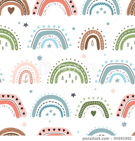 The pattern of cute boho rainbows. For decoration of childrens rooms and holidays. Vector modern style The pattern of cute boho rainbows. For decoration of childrens rooms and holidays. Vector modern style 95695992