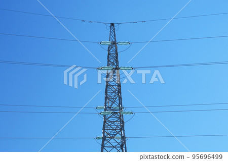 Electric wire electric tower. High voltage electricity pole on sky background. 95696499
