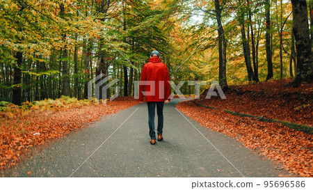 Old man in red jacket walking on the road into the deep forest in Autumn Old man in red jacket walking on the road into the deep forest in Autumn 95696586