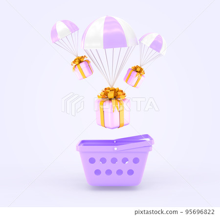 3D Shopping basket and flying parachutes with purple gift boxes. Concept of fast delivery from online shop holiday present with golden ribbons and bows, free order shipping service 95696822