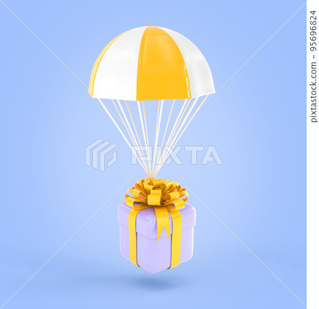 Delivery service, fast shipping concept with fly parachute and gift box in wrapped golden ribbon and bow. Cartoon order shipment icon, online shopping, parcel with surprise or present 95696824