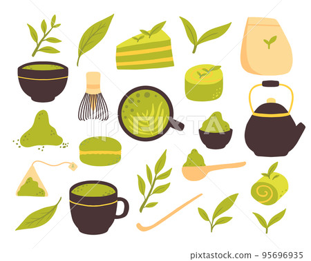 Matcha tea. Vector set of organic tea matcha powder, tea leaves, teapot, traditional cup. Green tea ceremony. Healthy drink. Matcha tea. Vector set of organic tea matcha powder, tea leaves, teapot, traditional cup. Green tea ceremony. Healthy drink. 95696935