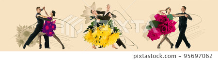 Collage with three couples of ballroom dance dancers in creative floral outfits dancing over light background. Concept of art, music, fashion. Collage with three couples of ballroom dance dancers in creative floral outfits dancing over light background. Concept of art, music, fashion. 95697062