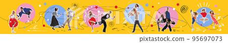 Contemporary art collage. Weird people, youth in modern and retro 70s, 80s styled clothes over yellow background with drawings. Concept of art, music, fashion. Contemporary art collage. Weird people, youth in modern and retro 70s, 80s styled clothes over yellow background with drawings. Concept of art, music, fashion. 95697073
