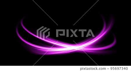 Abstract light lines of movement and speed with purple color sparkles. Light everyday glowing effect. semicircular wave, light trail curve swirl, car headlights, incandescent optical fiber. 95697340