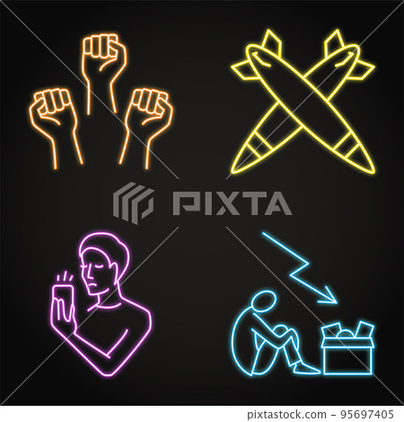 Economic crisis effects neon icon set 95697405