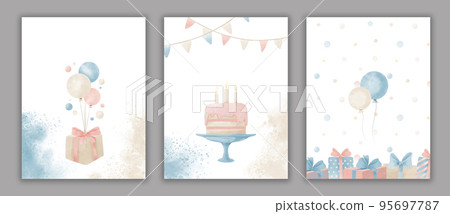 Birthday greeting cards. Watercolor templates for party celebrate with presents and balloons. Design for baby boy or girl shower with cake and garlands. Decorative Backgrounds Birthday greeting cards. Watercolor templates for party celebrate with presents and balloons. Design for baby boy or girl shower with cake and garlands. Decorative Backgrounds 95697787