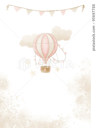 Poster with pink Hot Air Balloon flying in the sky and party garland. Template for text for Baby girl Shower or Birth Party. on white background. Watercolor illustration for Placard 95697788