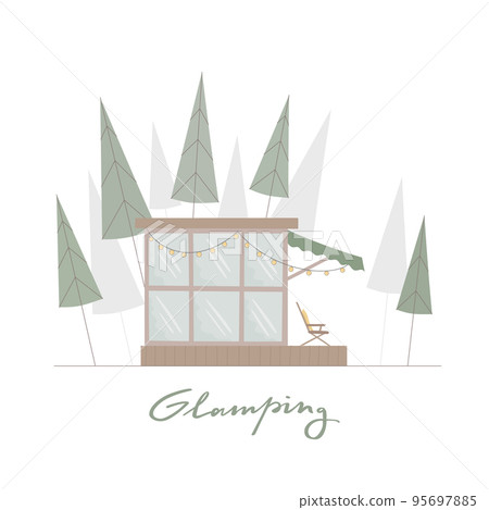 Glamping wood house with big window, terrace around pine forest for convenient camping trip. Calm wild life. Glamping wood house with big window, terrace around pine forest for convenient camping trip. Calm wild life. 95697885