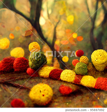 Autumn forest landscape. Colorful watercolor painting of fall season. Red, green and yellow trees. 95697892