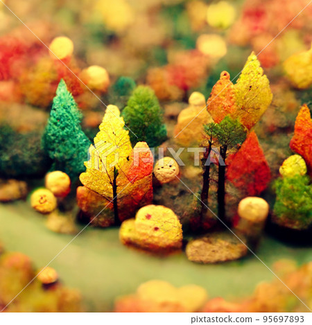 Autumn forest landscape. Colorful watercolor painting of fall season. Red, green and yellow trees. 95697893