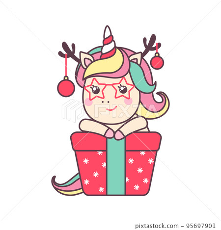 Cute Christmas kawaii character unicorn with gift and deer hors. Cute Christmas kawaii character unicorn with gift and deer hors. 95697901