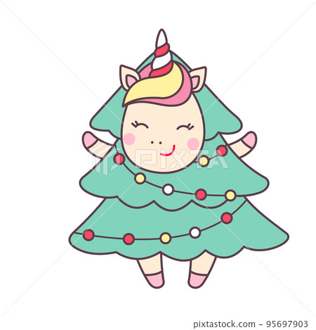 Cute kawaii character unicorn in Christmas tree costume with lights isolated on white background. Cute kawaii character unicorn in Christmas tree costume with lights isolated on white background. 95697903