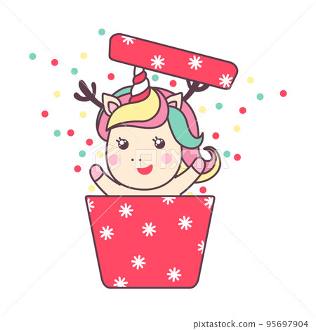 Cute Christmas kawaii character unicorn in gift box with confetti isolated on white background. Cute Christmas kawaii character unicorn in gift box with confetti isolated on white background. 95697904