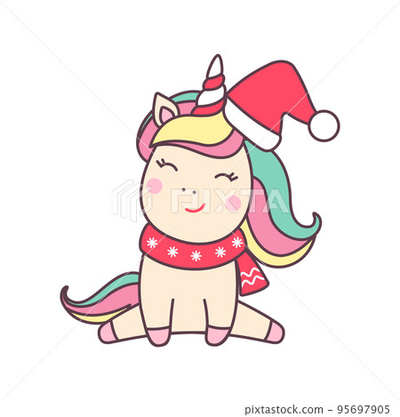 Christmas kawaii character unicorn in santa claus hat isolated on white background. Christmas kawaii character unicorn in santa claus hat isolated on white background. 95697905