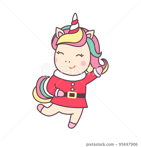 Cute Christmas kawaii character unicorn in santa claus costume isolated on white background. Cute Christmas kawaii character unicorn in santa claus costume isolated on white background. 95697906