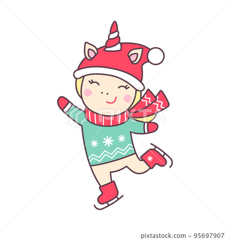 Cute happy Christmas kawaii character unicorn in santa hat ice skating isolated on white background. Cute happy Christmas kawaii character unicorn in santa hat ice skating isolated on white background. 95697907