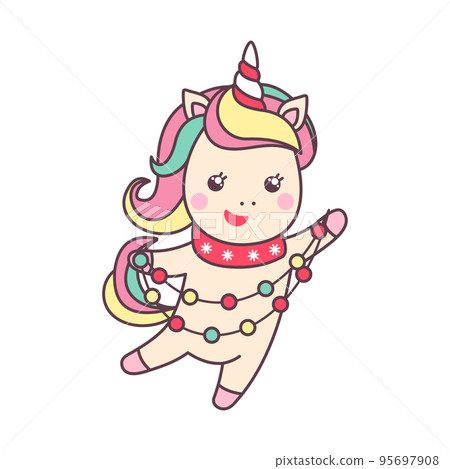 Cute Christmas kawaii character unicorn with lights isolated on white background. Cute Christmas kawaii character unicorn with lights isolated on white background. 95697908