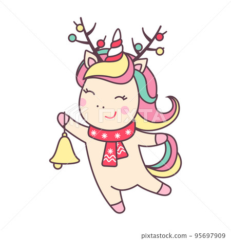 Christmas kawaii character unicorn with deer horns and bell isolated on white background. Christmas kawaii character unicorn with deer horns and bell isolated on white background. 95697909