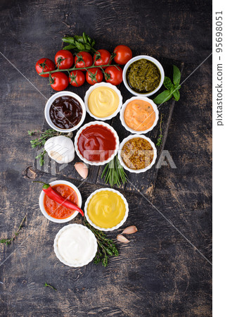 Set of different sauces. Ketchup, mustard and mayonnaise 95698051