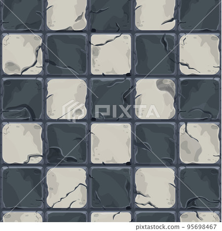 Chessboard black and white tile, bricks game background in cartoon style, seamless textured surface. Ui game asset, road or floor material Chessboard black and white tile, bricks game background in cartoon style, seamless textured surface. Ui game asset, road or floor material 95698467