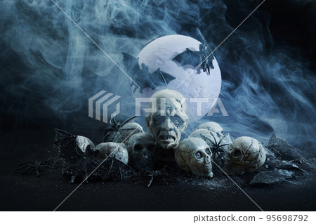 Zombie Rising out in spooky Night full moon and bats. Halloween background. 95698792