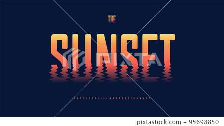 Dissolved letters in bright color font. Bold high tall alphabet with reflection on waving water surface. Creative typographic design for flood movie headline. Isolated vector typeset. 95698850