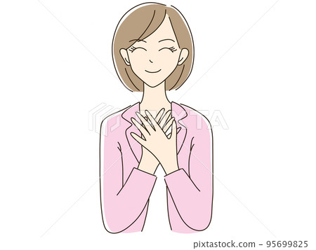 雙手放在胸前大笑的女人 雙手放在胸前大笑的女人 95699825