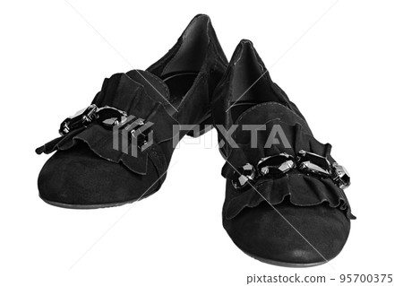 Women's suede shoe black color on white background. Woman's shoe. Women's suede shoe black color on white background. Woman's shoe. 95700375